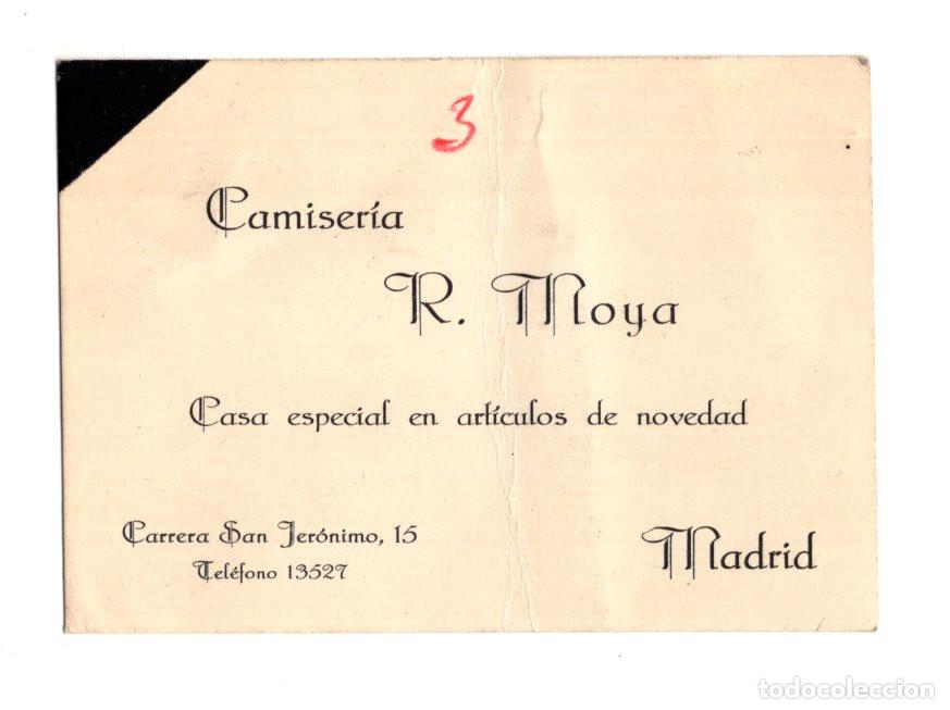 Cartas comerciales: TARJETA COMERCIAL. CAMISER&Iacute;A R. MOYA, SITUADA EN LA CARRERA DE SAN JER&Oacute;NIMO, N&Uacute;MERO 15, MADRID.