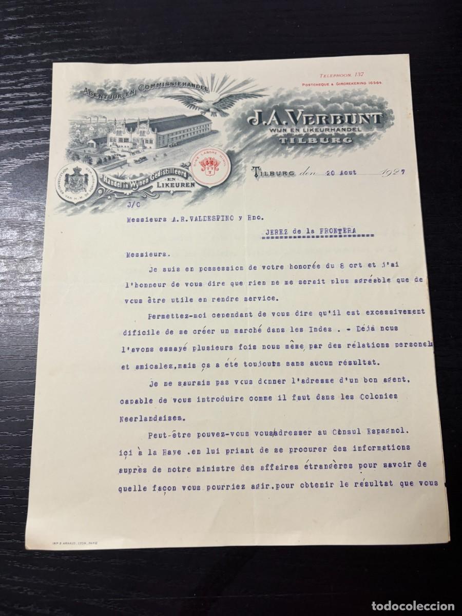 Cartas comerciales: CARTA COMERCIAL. J.A. VERBUNT. WIJN EN LIKEURHANDEL. COMERCIO DE VINOS Y LICORES. TILBURG, 1927