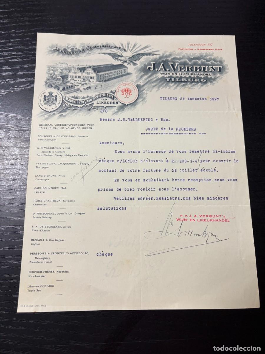 Cartas comerciales: CARTA COMERCIAL. J.A. VERBUNT. WIJN EN LIKEURHANDEL. COMERCIO DE VINOS Y LICORES. TILBURG, 1927