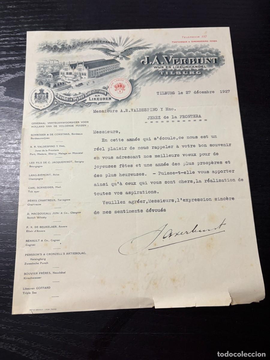 Cartas comerciales: CARTA COMERCIAL. J.A. VERBUNT. WIJN EN LIKEURHANDEL. COMERCIO DE VINOS Y LICORES. TILBURG, 1927