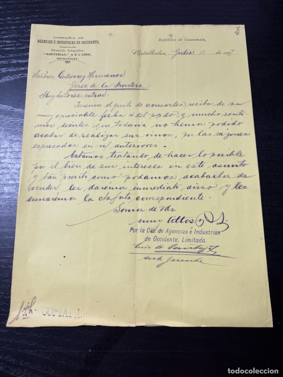 Cartas comerciales: CARTA COMERCIAL. AGENCIAS E INDUSTRIAS DE OCCIDENTE. RETALHULEU - GUATEMALA, 1897