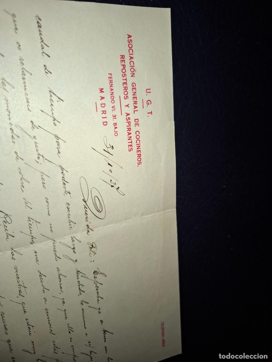 Cartas comerciales: Carta privado. U.G.T asociacion general de cocineros, reposteros y aspirantes, Madrid. 1937. Guerra