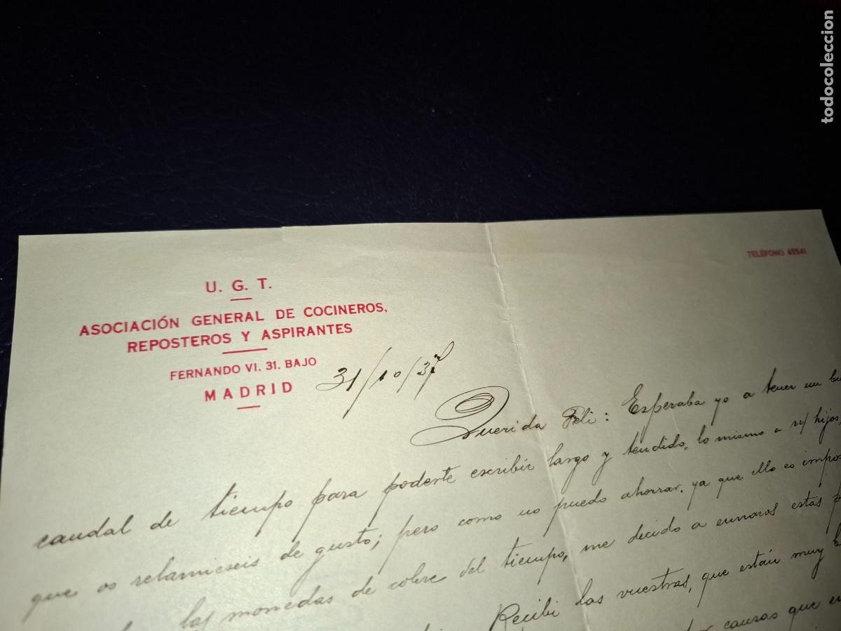 Cartas comerciales: Carta privado. U.G.T asociacion general de cocineros, reposteros y aspirantes, Madrid. 1937. Guerra