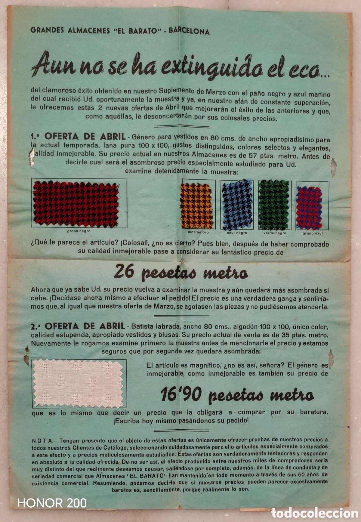 Cartas comerciales: Carta Comercial con Muestrario de Tejidos - Almacenes &rdquo;El Barato&rdquo; Barcelona A&ntilde;os 30-40