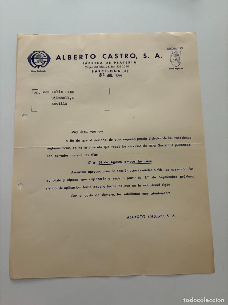 Cartas comerciales: CARTA COMERCIAL. ALBERTO CASTRO, S.A. F&Aacute;BRICA DE PLATER&Iacute;A. BARCELONA, 1964