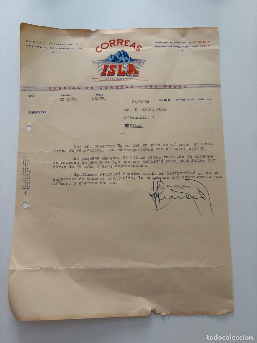 Cartas comerciales: CARTA COMERCIAL. CORREAS ISLA. F&Aacute;BRICA DE CORREAS PARA RELOJ. VIGO, 1964