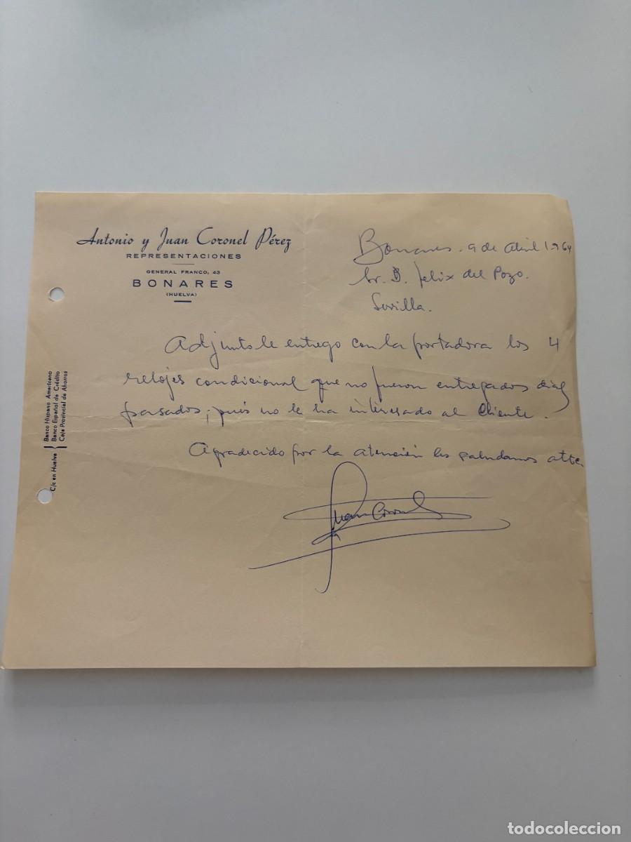 Cartas comerciales: CARTA COMERCIAL. ANTONIO Y JUAN CORONEL P&Eacute;REZ. REPRESENTACIONES. BONARES - HUELVA, 1964