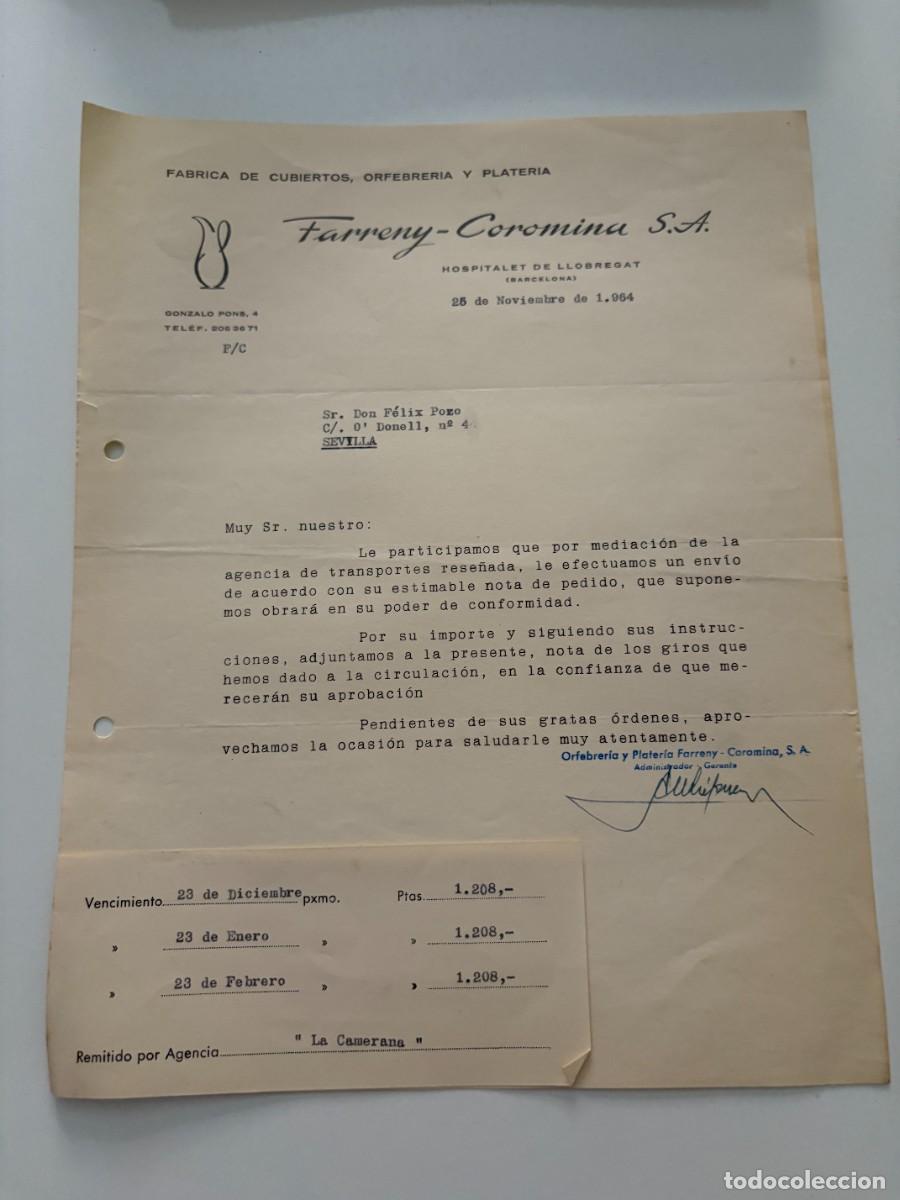 Cartas comerciales: CARTA COMERCIAL. FARRENY-COROMINA, S.A. F&Aacute;BRICA DE CUBIERTOS, ORFEBRER&Iacute;A Y PLATER&Iacute;A. BARCELONA, 1964