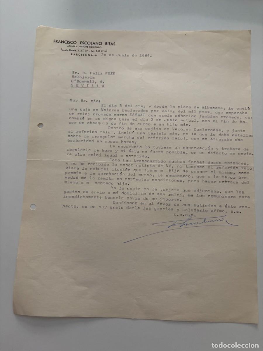 Cartas comerciales: CARTA COMERCIAL. FRANCISCO ESCOLANO RITAS. AGENTE COMERCIAL. BARCELONA, 1964