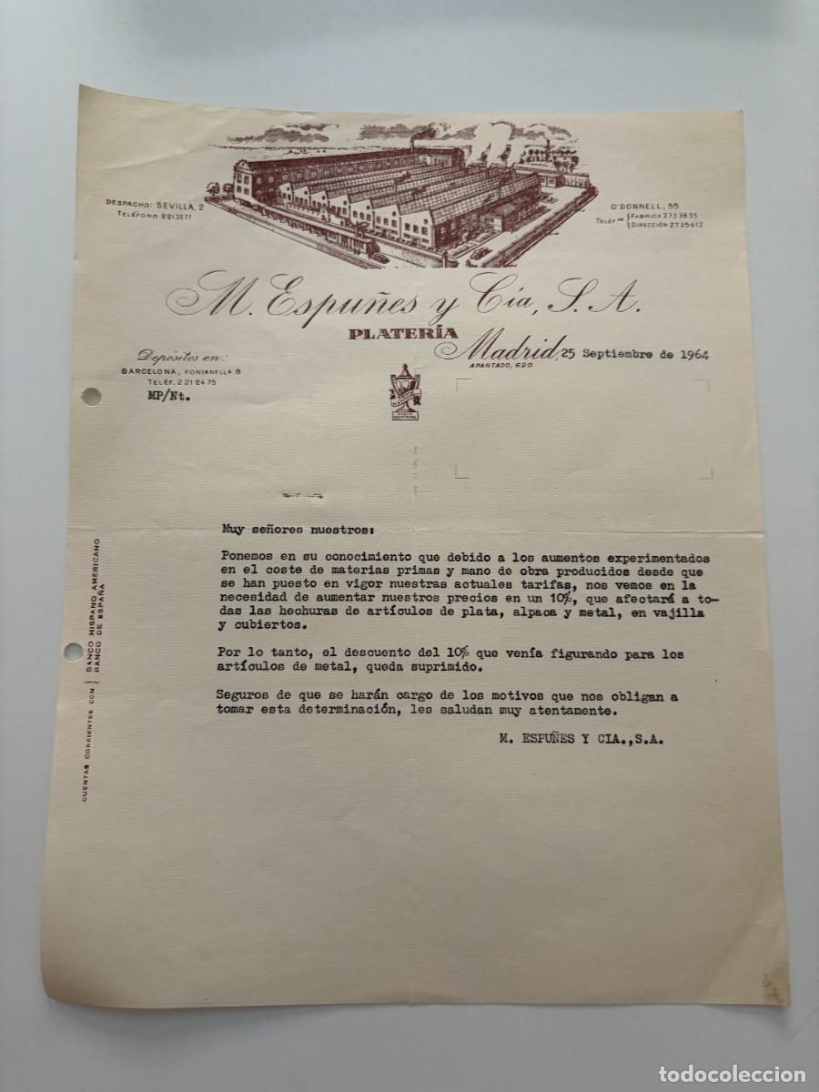 Cartas comerciales: CARTA COMERCIAL. M. ESPU&Ntilde;ES Y C&Iacute;A S.A. PLATER&Iacute;A. MADRID, 1964