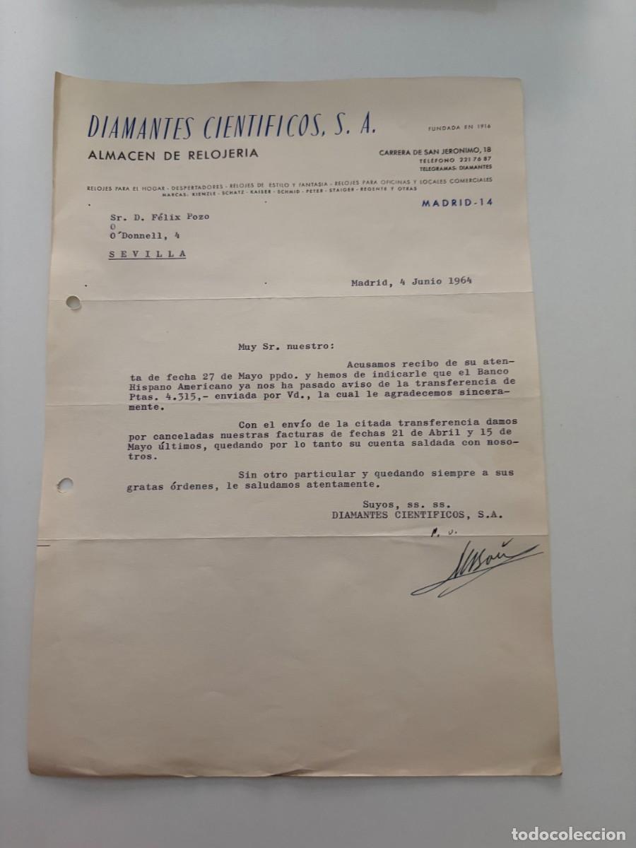 Cartas comerciales: CARTA COMERCIAL. DIAMANTES CIENTIFICOS, S.A. ALMACEN DE RELOJERIA. MADRID, 1964