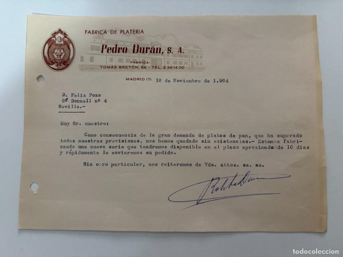 Cartas comerciales: CARTA COMERCIAL. PEDRO DUR&Aacute;N, S.A. F&Aacute;BRICA DE PLATER&Iacute;A. MADRID, 1964