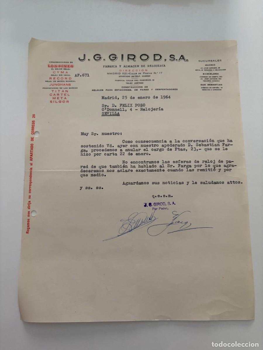 Cartas comerciales: CARTA COMERCIAL. J. G. GIROD, S.A. FABRICA Y ALMACEN DE RELOJERIA. MADRID, 1964