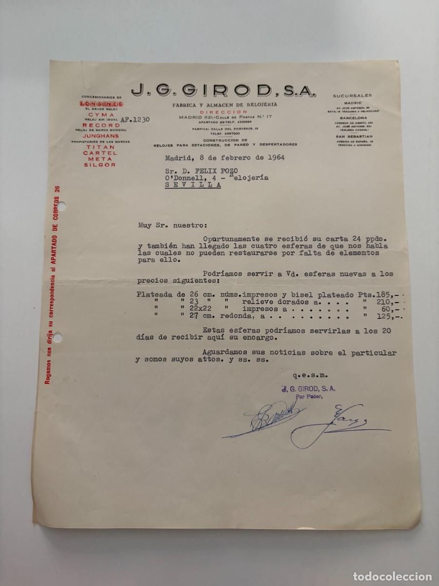 Cartas comerciales: CARTA COMERCIAL. J. GIROD, S.A. FABRICA Y ALMACEN DE RELOJERIA. MADRID, 1964