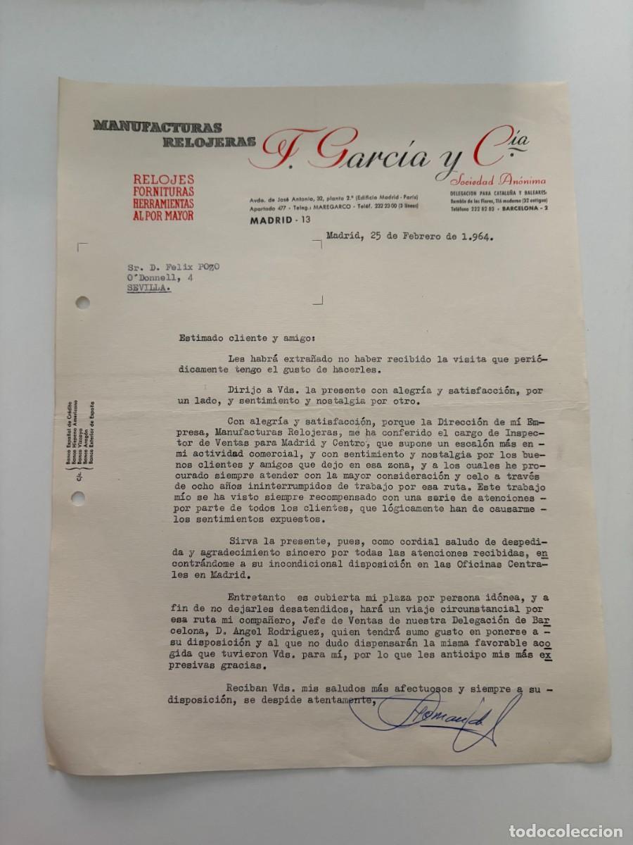Cartas comerciales: CARTA COMERCIAL. F. GARC&Iacute;A Y C&Iacute;A. MANUFACTURAS Y RELOJERAS. MADRID, 1964