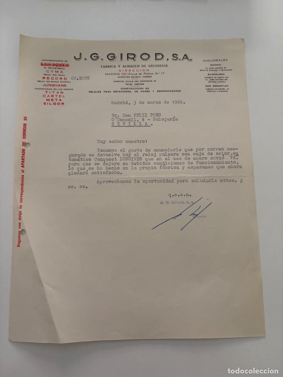 Cartas comerciales: CARTA COMERCIAL. J. GIROD, S.A. FABRICA Y ALMACEN DE RELOJERIA. MADRID, 1964