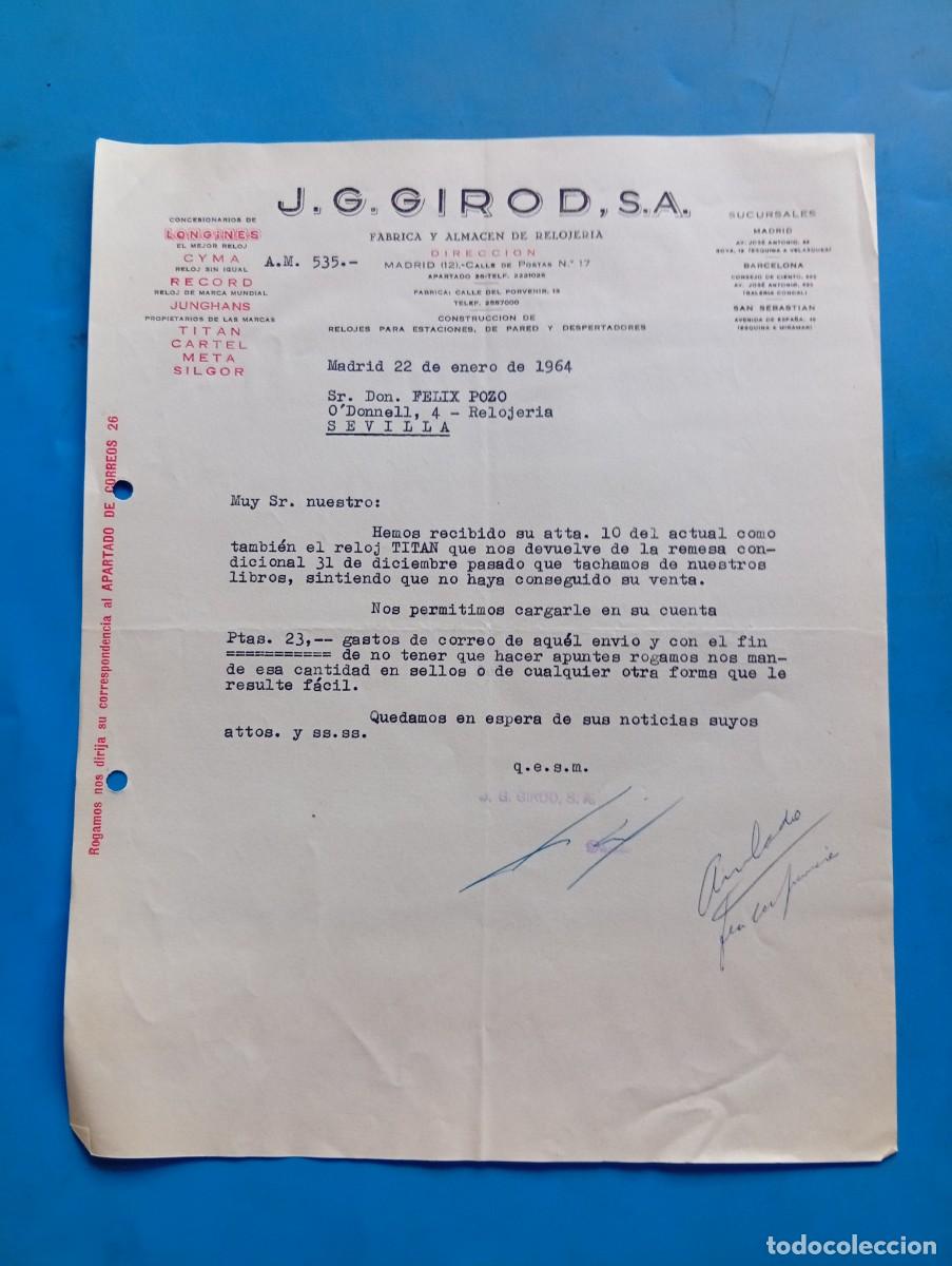Cartas comerciales: CARTA COMERCIAL. MADRID. 1964. F&Aacute;BRICA Y ALMAC&Eacute;N DE RELOJER&Iacute;A. J. G. GIROD, S.A.