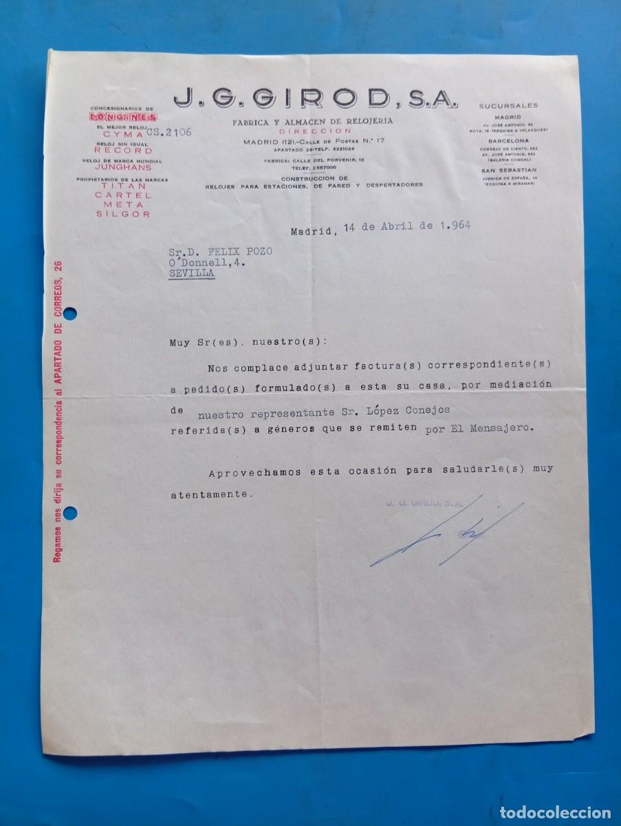 Cartas comerciales: CARTA COMERCIAL. MADRID. 1964. F&Aacute;BRICA Y ALMAC&Eacute;N DE RELOJER&Iacute;A. J. G. GIROD, S.A.