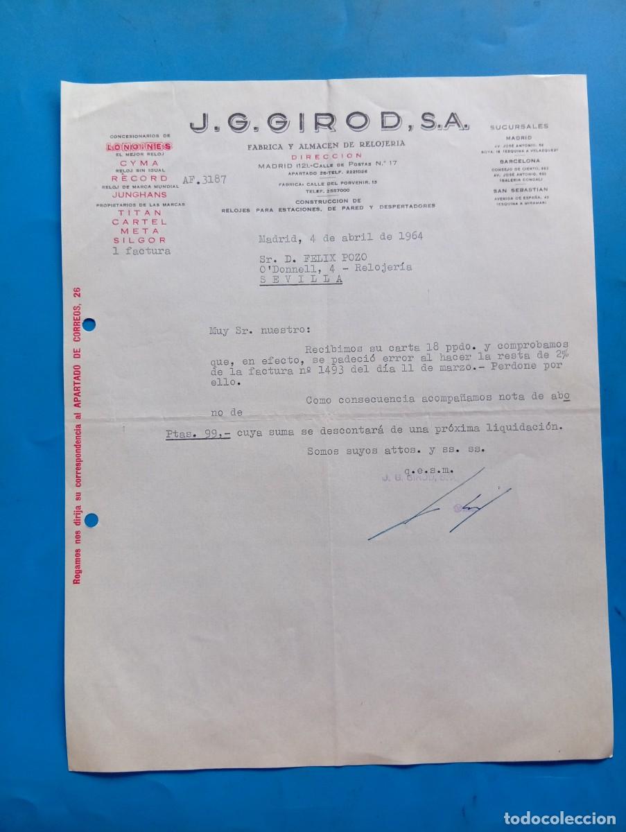 Cartas comerciales: CARTA COMERCIAL. MADRID. 1964. F&Aacute;BRICA Y ALMAC&Eacute;N DE RELOJER&Iacute;A. J. G. GIROD, S.A.