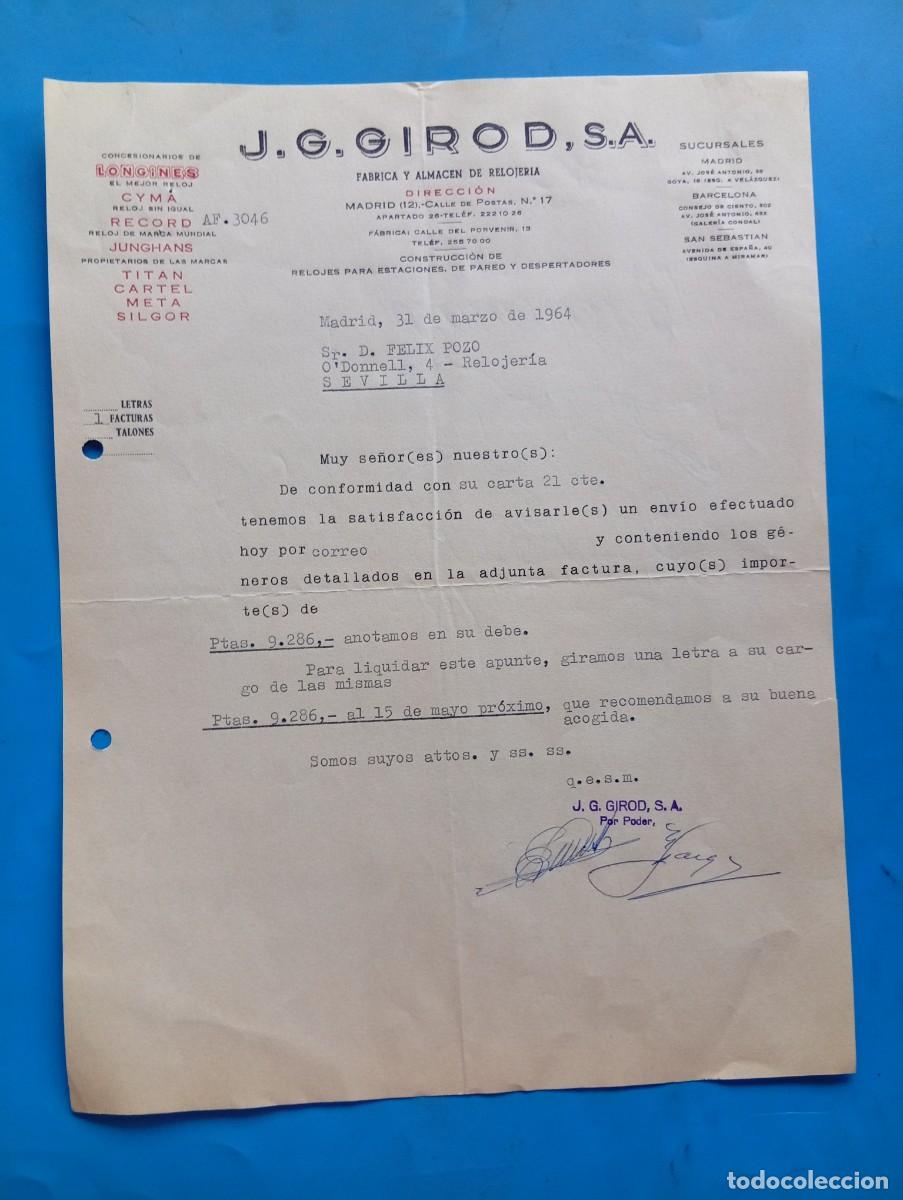 Cartas comerciales: CARTA COMERCIAL. MADRID. 1964. F&Aacute;BRICA Y ALMAC&Eacute;N DE RELOJER&Iacute;A. J. G. GIROD, S.A.