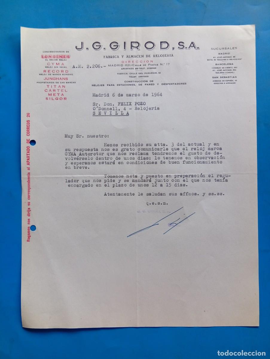 Cartas comerciales: CARTA COMERCIAL. MADRID. 1964. F&Aacute;BRICA Y ALMAC&Eacute;N DE RELOJER&Iacute;A. J. G. GIROD, S.A.