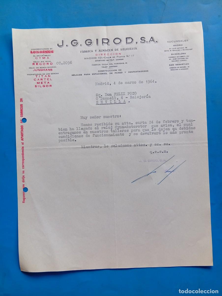 Cartas comerciales: CARTA COMERCIAL. MADRID. 1964. F&Aacute;BRICA Y ALMAC&Eacute;N DE RELOJER&Iacute;A. J. G. GIROD, S.A.