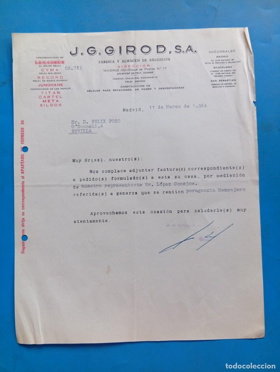 Cartas comerciales: CARTA COMERCIAL. MADRID. 1964. F&Aacute;BRICA Y ALMAC&Eacute;N DE RELOJER&Iacute;A. J. G. GIROD, S.A.