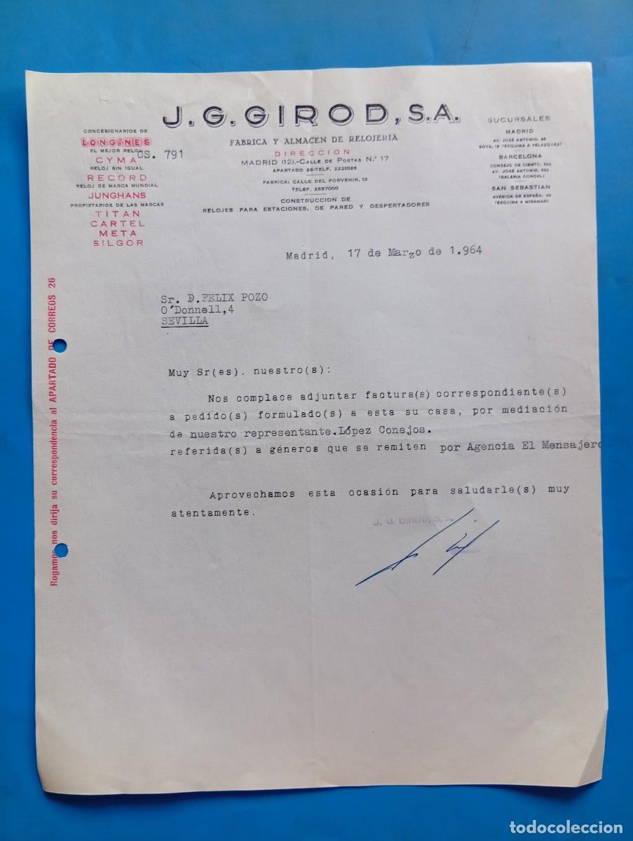 Cartas comerciales: CARTA COMERCIAL. MADRID. 1964. F&Aacute;BRICA Y ALMAC&Eacute;N DE RELOJER&Iacute;A. J. G. GIROD, S.A.