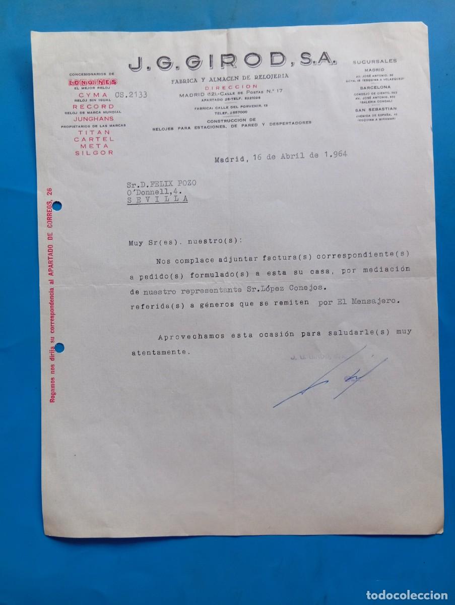 Cartas comerciales: CARTA COMERCIAL. MADRID. 1964. F&Aacute;BRICA Y ALMAC&Eacute;N DE RELOJER&Iacute;A. J. G. GIROD, S.A.