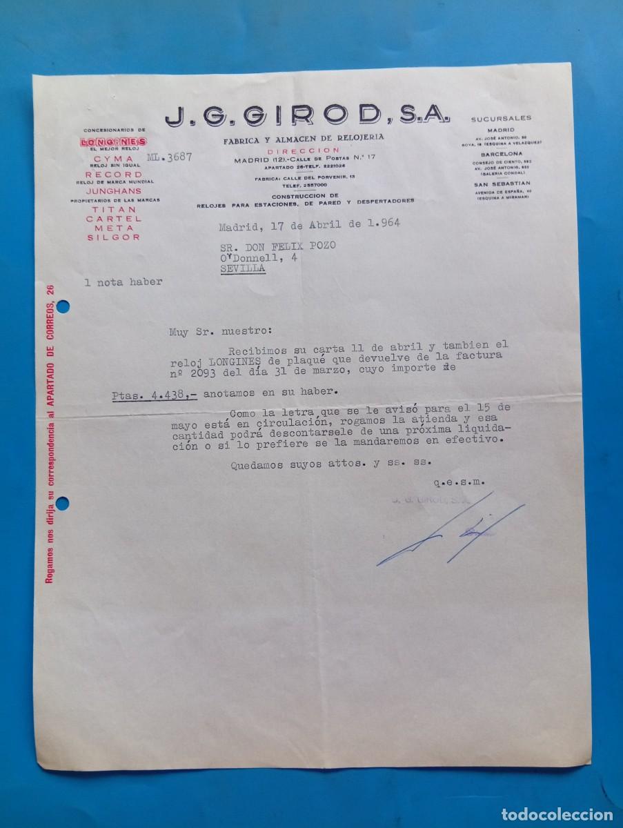 Cartas comerciales: CARTA COMERCIAL. MADRID. 1964. F&Aacute;BRICA Y ALMAC&Eacute;N DE RELOJER&Iacute;A. J. G. GIROD, S.A.
