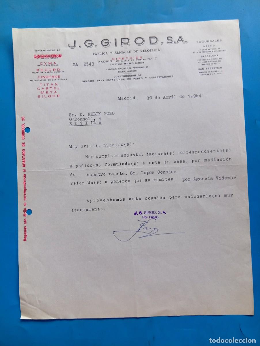Cartas comerciales: CARTA COMERCIAL. MADRID. 1964. F&Aacute;BRICA Y ALMAC&Eacute;N DE RELOJER&Iacute;A. J. G. GIROD, S.A.