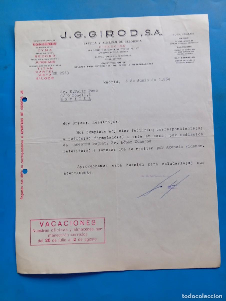 Cartas comerciales: CARTA COMERCIAL. MADRID. 1964. F&Aacute;BRICA Y ALMAC&Eacute;N DE RELOJER&Iacute;A. J. G. GIROD, S.A.
