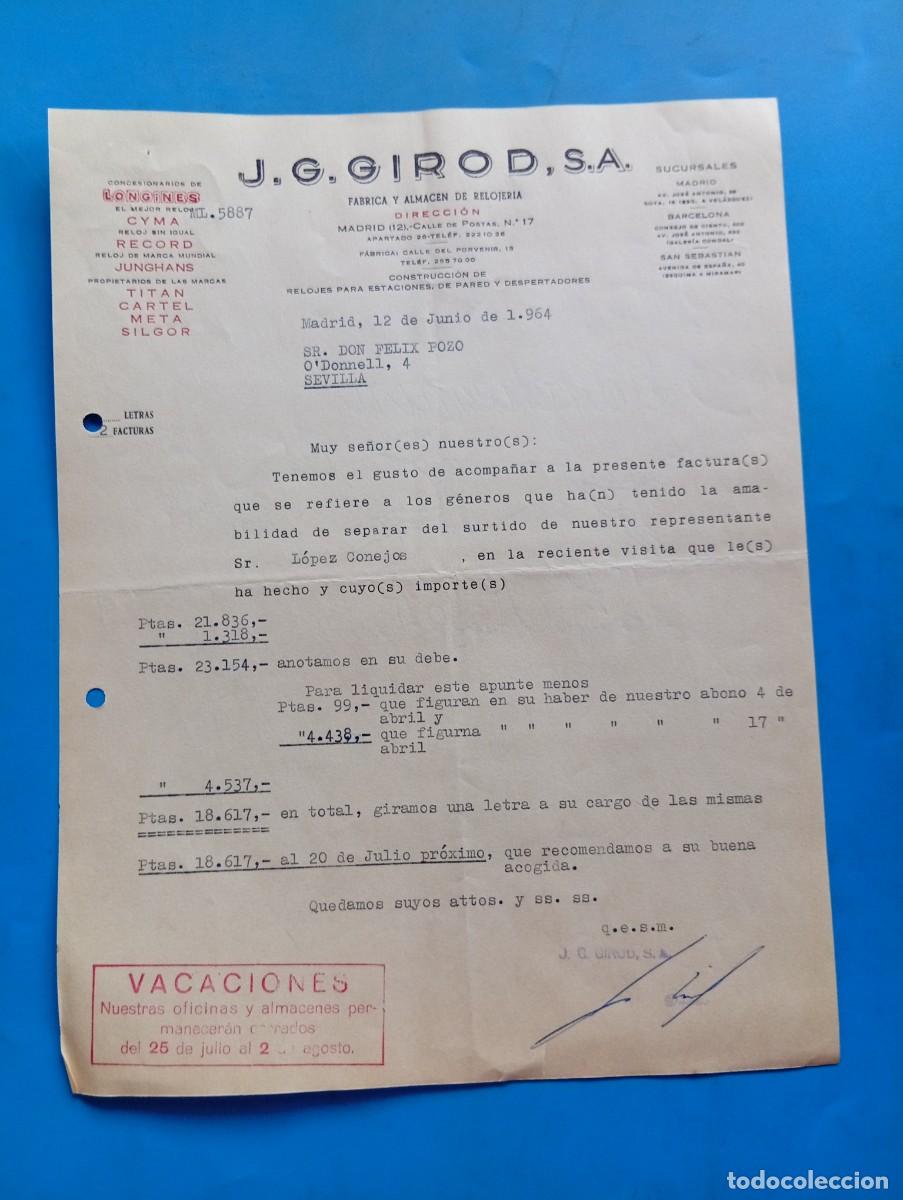 Cartas comerciales: CARTA COMERCIAL. MADRID. 1964. F&Aacute;BRICA Y ALMAC&Eacute;N DE RELOJER&Iacute;A. J. G. GIROD, S.A.