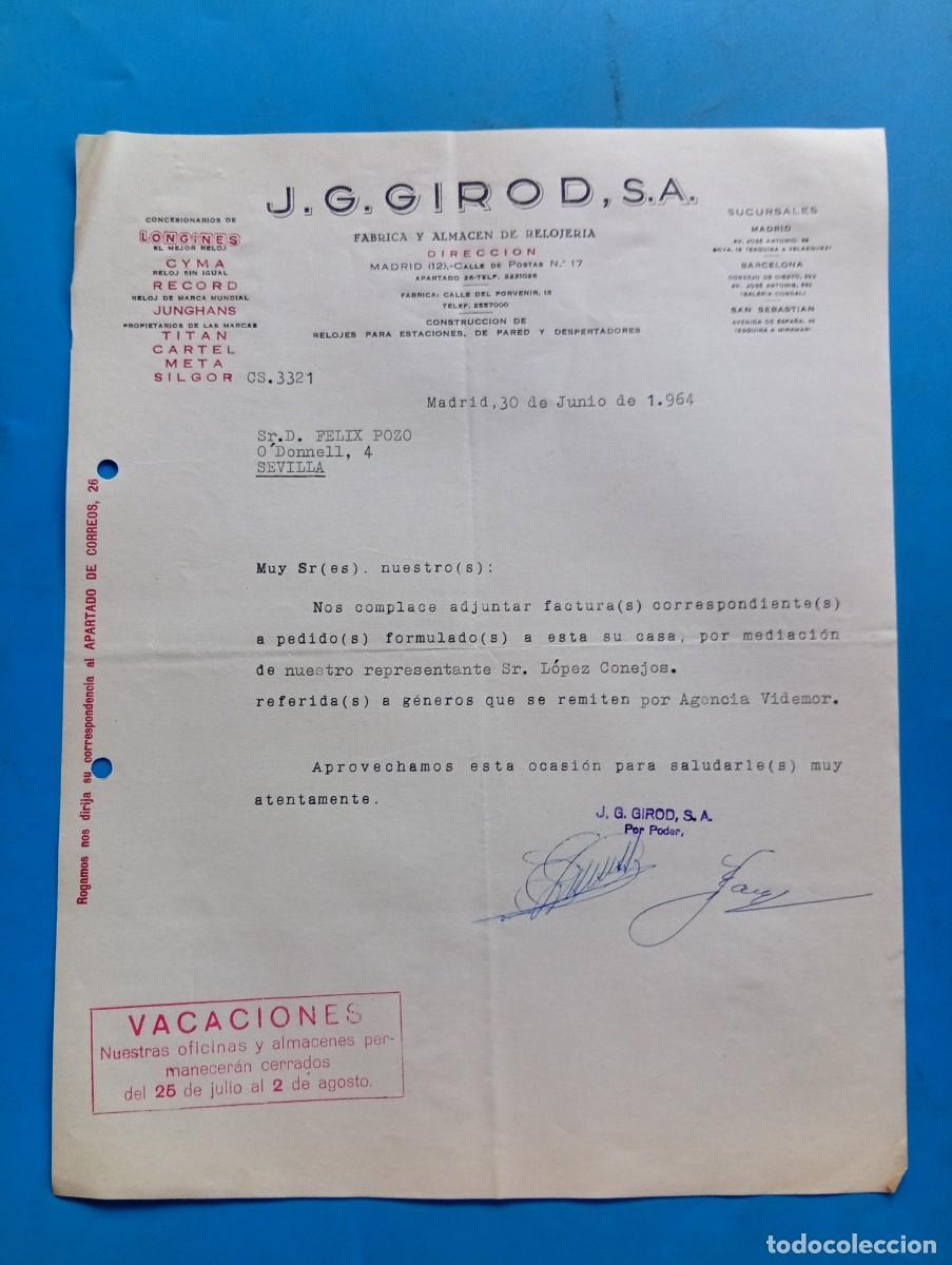Cartas comerciales: CARTA COMERCIAL. MADRID. 1964. F&Aacute;BRICA Y ALMAC&Eacute;N DE RELOJER&Iacute;A. J. G. GIROD, S.A.