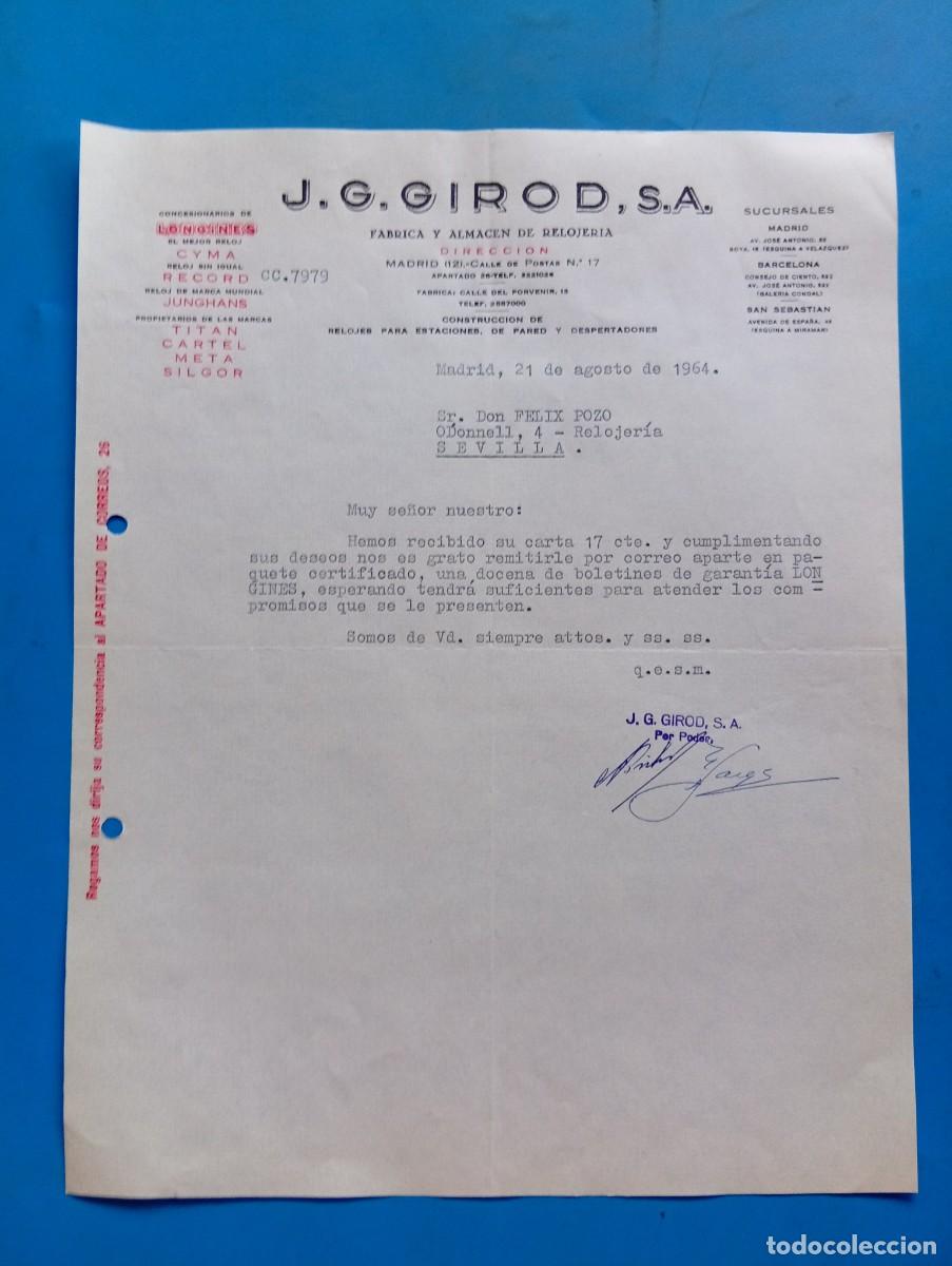 Cartas comerciales: CARTA COMERCIAL. MADRID. 1964. F&Aacute;BRICA Y ALMAC&Eacute;N DE RELOJER&Iacute;A. J. G. GIROD, S.A.