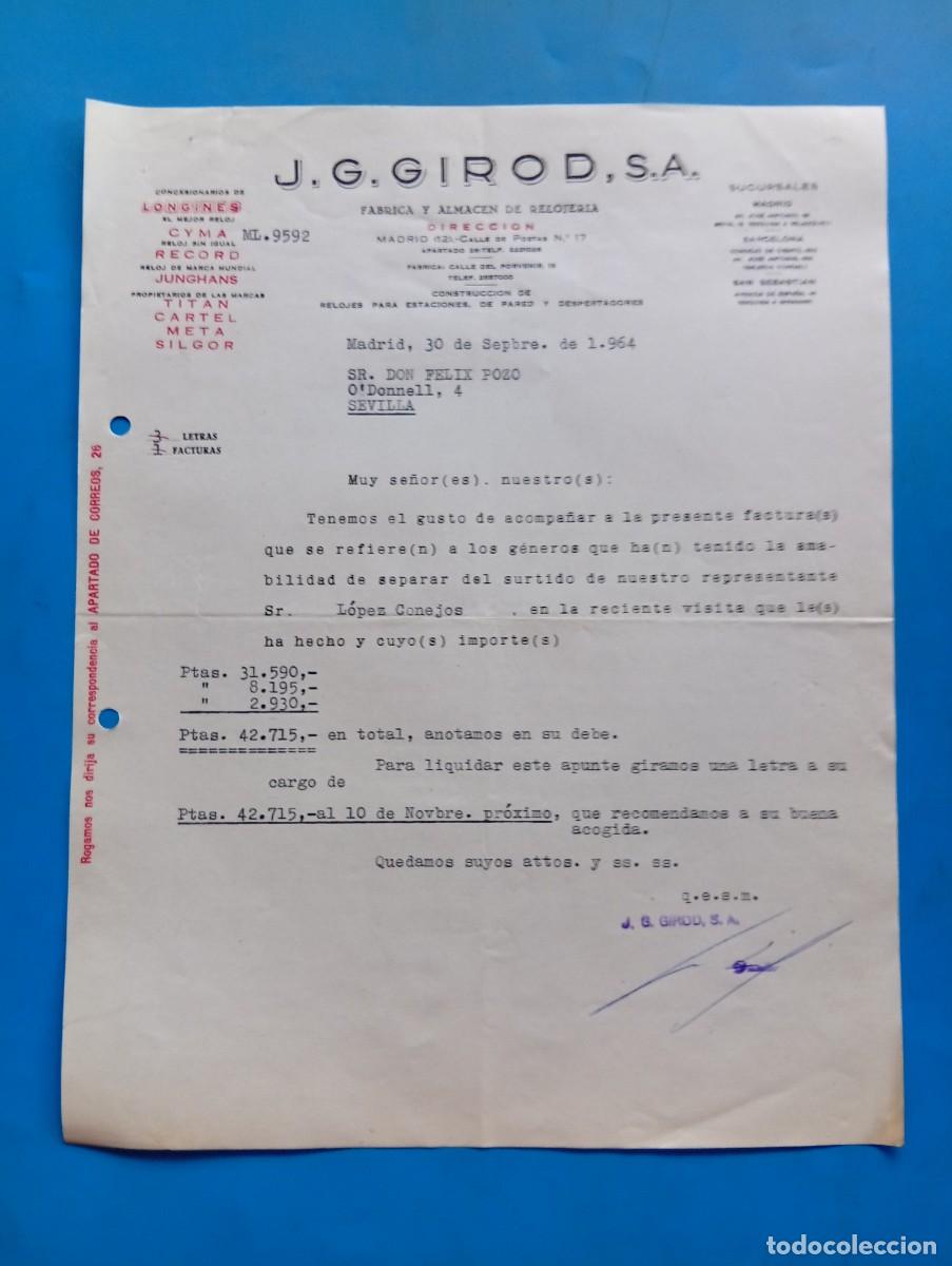 Cartas comerciales: CARTA COMERCIAL. MADRID. 1964. F&Aacute;BRICA Y ALMAC&Eacute;N DE RELOJER&Iacute;A. J. G. GIROD, S.A.