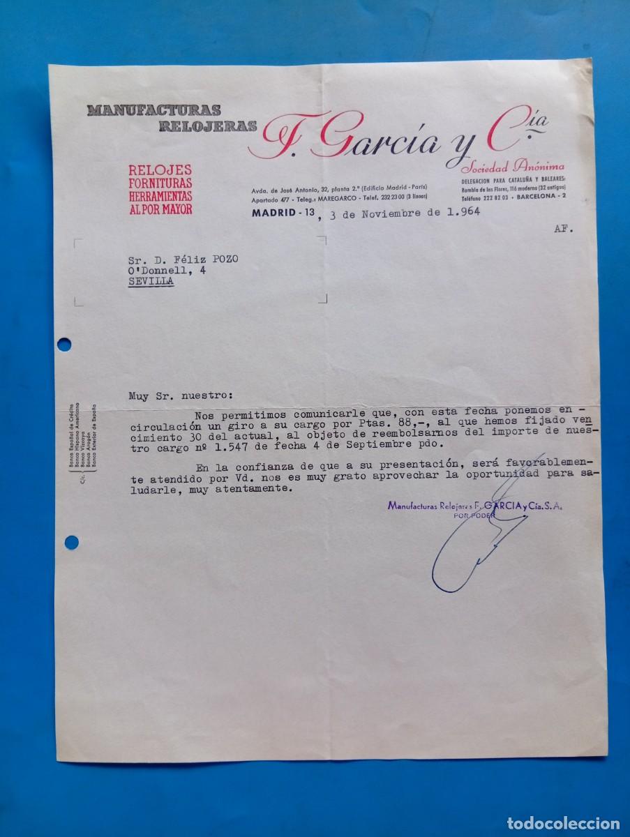 Cartas comerciales: CARTA COMERCIAL. MADRID. 1964. RELOJES, FORNITURA, HERRAMIENTAS AL POR MAYOR. F. GARCIA Y C&ordf;.