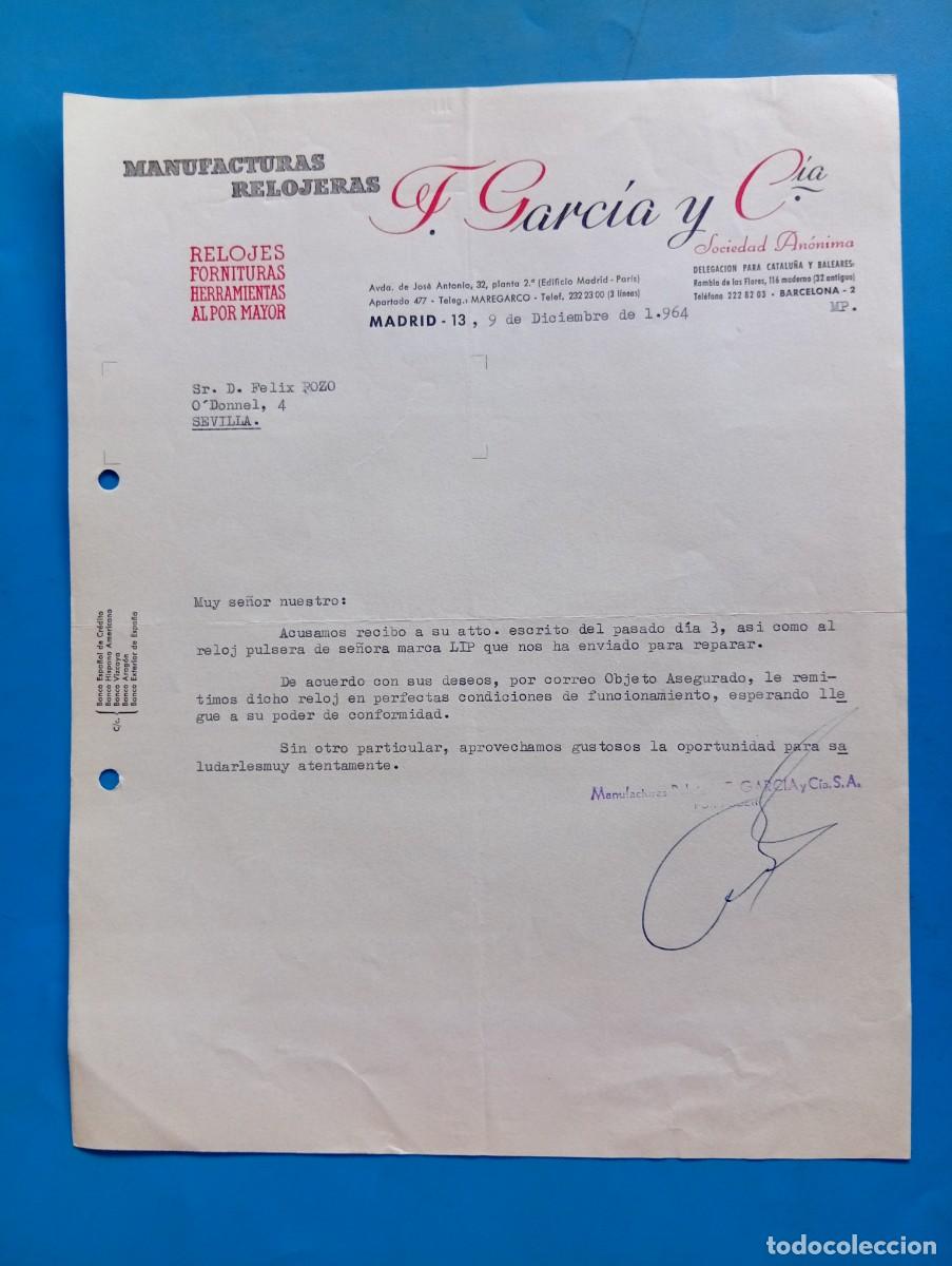 Cartas comerciales: CARTA COMERCIAL. MADRID. 1964. RELOJES, FORNITURA, HERRAMIENTAS AL POR MAYOR. F. GARCIA Y C&ordf;.