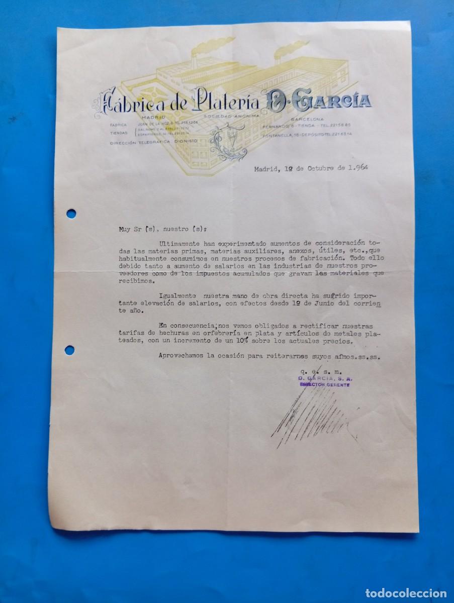 Cartas comerciales: CARTA COMERCIAL. MADRID. 1964. F&Aacute;BRICA DE PLATERIA. D. GARCIA.