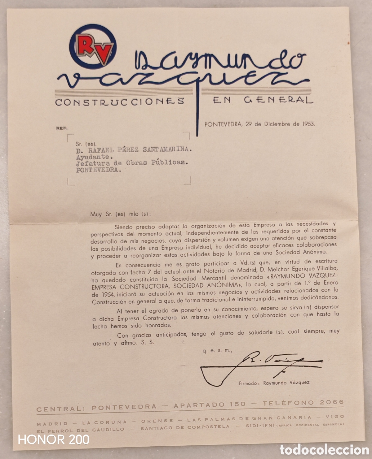 Cartas comerciales: Carta Comercial - Raimundo V&aacute;zquez Constructora S A. - Pontevedra Madrid.1953