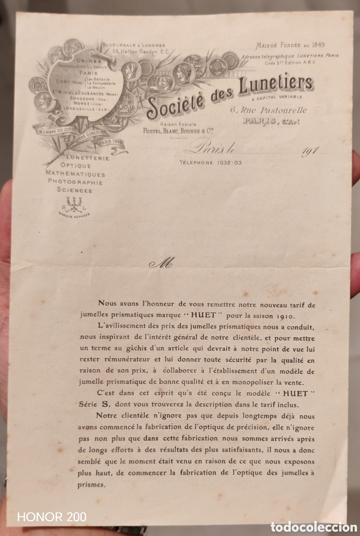 Cartas comerciales: Carta Comercial D&iacute;ptico Publicitario - Societ&eacute; des Lunetiers. Prism&aacute;ticos Huet - Paris 1910