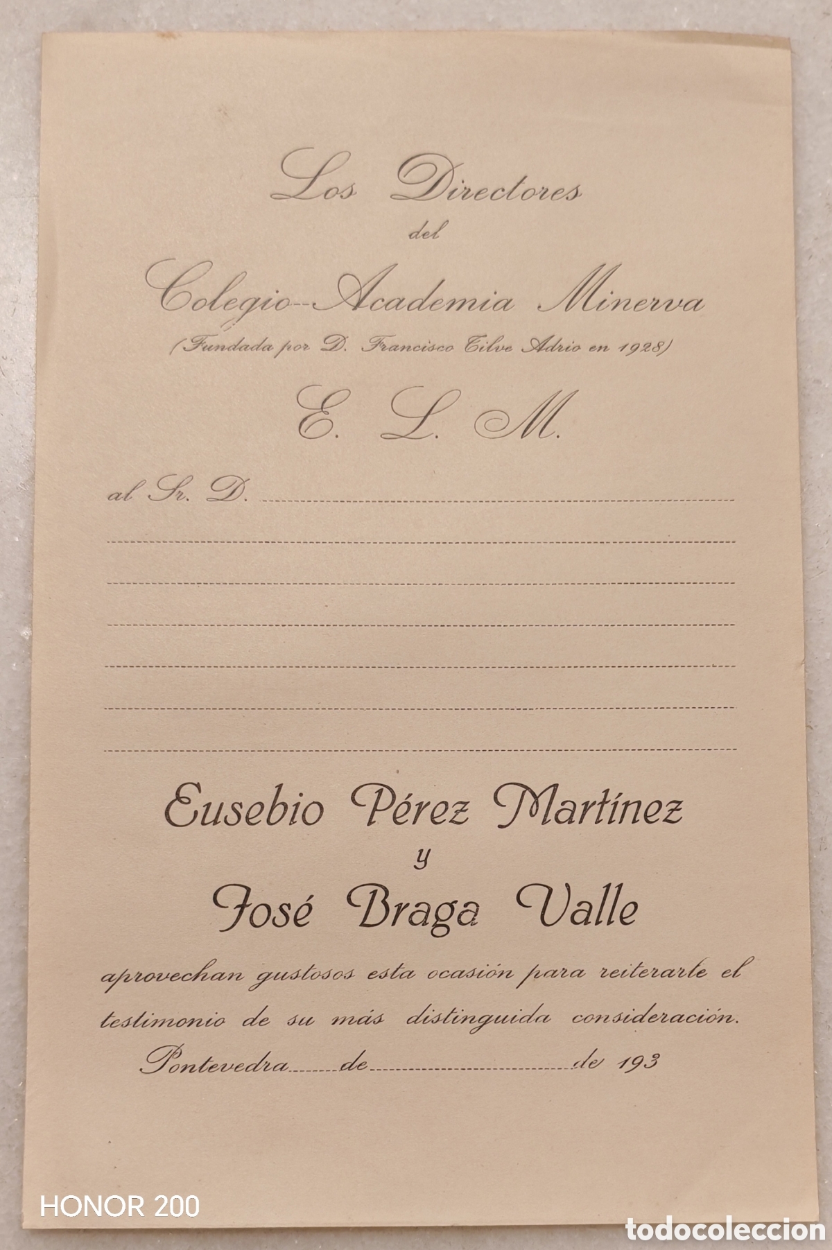 Cartas comerciales: Carta Comercial - Directores Colegio Academia Minerva - Pontevedra A&ntilde;os 30.