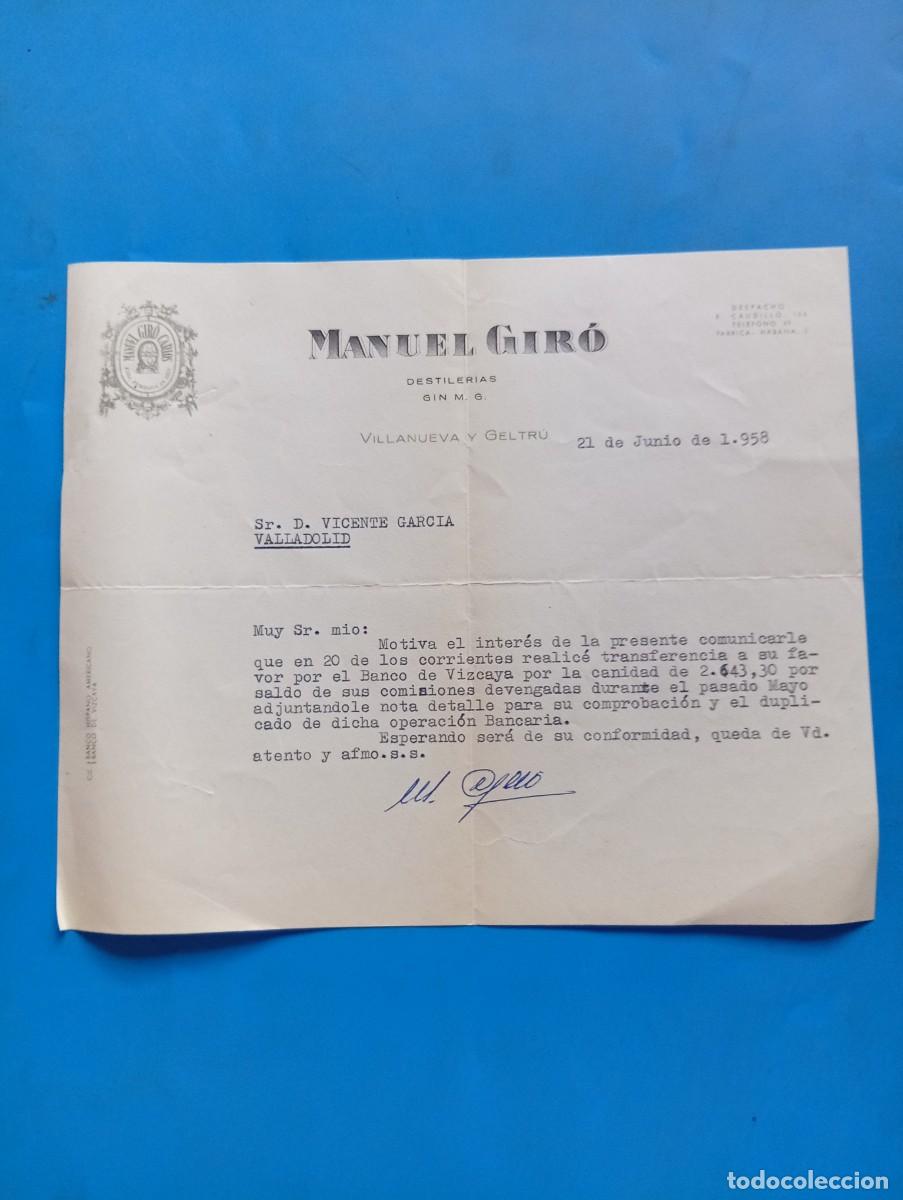 Cartas comerciales: CARTA COMERCIAL. VALLADOLID. 1958. DESTILERIAS GIN M. G. MANUEL GIR&Oacute;.