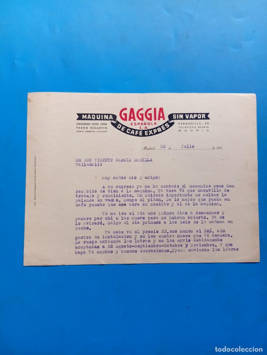 Cartas comerciales: CARTA COMERCIAL. MADRID. 195?. GAGGIA ESPA&Ntilde;OLA, S.A. MAQUINA DE CAF&Eacute; EXPR&Eacute;S SIN VAPOR.