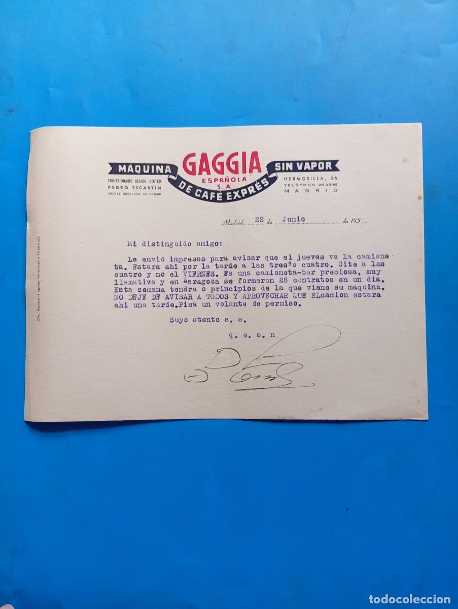 Cartas comerciales: CARTA COMERCIAL. MADRID. 195?. GAGGIA ESPA&Ntilde;OLA, S.A. MAQUINA DE CAF&Eacute; EXPR&Eacute;S SIN VAPOR.