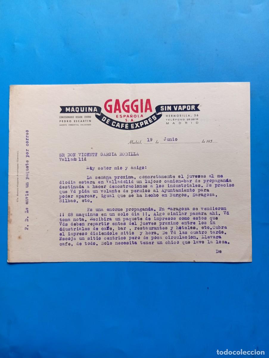 Cartas comerciales: CARTA COMERCIAL. MADRID. 195?. GAGGIA ESPA&Ntilde;OLA, S.A. MAQUINA DE CAF&Eacute; EXPR&Eacute;S SIN VAPOR.