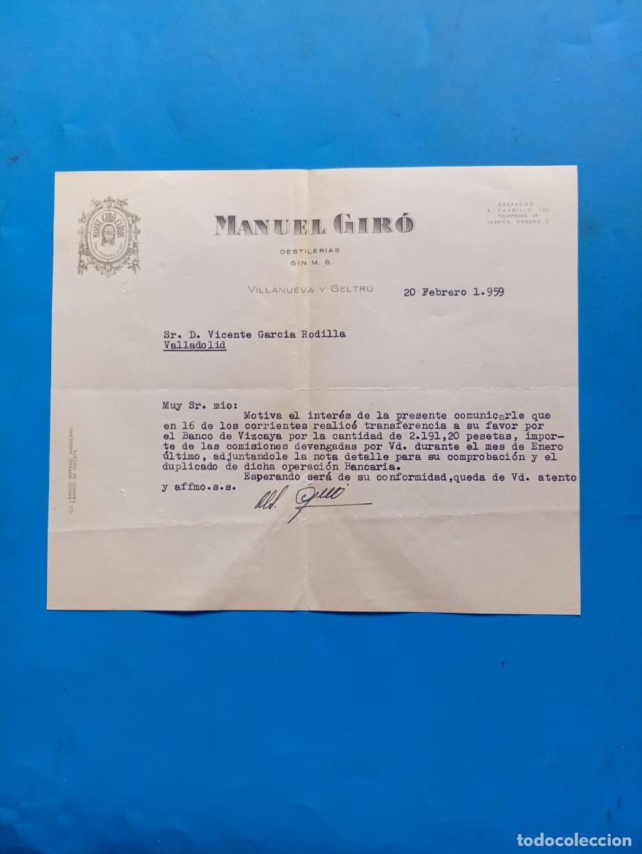 Cartas comerciales: CARTA COMERCIAL. VILLANUEVA Y GELTRU, BARCELONA. 1959. DESTILERIAS GIN M. G. MANUEL GIR&Oacute;.