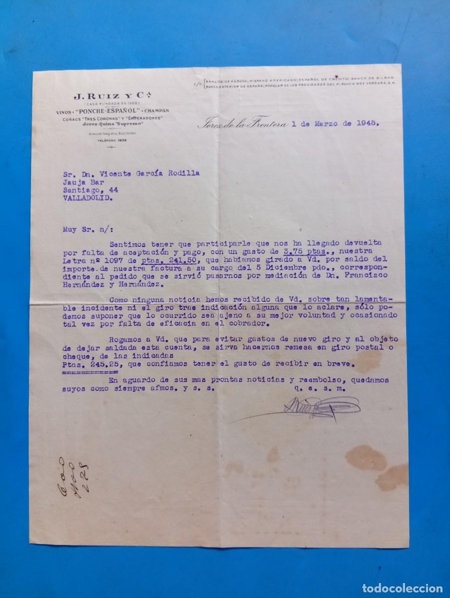 Cartas comerciales: CARTA COMERCIAL. JEREZ DE LA FRONTERA. 1945. VINOS &rdquo;PONCHE-ESPA&Ntilde;OL&rdquo;. CHAMPAN. CO&Ntilde;ACS. J. RUIZ Y C&ordf;: