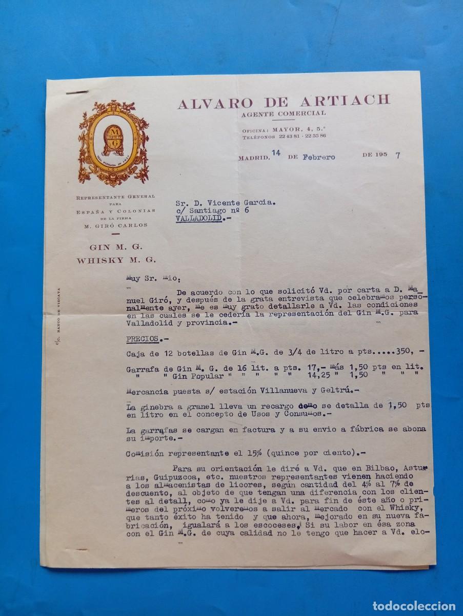 Cartas comerciales: CARTA COMERCIAL. MADRID. 1957. ALVARO DE ARTIACH. AGENTE COMERCIAL. 2 HOJAS.