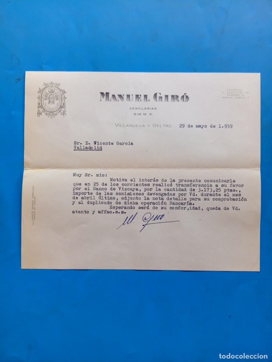 Cartas comerciales: CARTA COMERCIAL. VILLANUEVA Y GELTRU, BARCELONA. 1959. DESTILERIAS GIN M. G. MANUEL GIR&Oacute;.